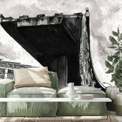 The wallpaper features an abstract architectural structure in black and white, set against a rainy sky. The serene flow of the N2 Waterfall is suggested within the mural’s elements.