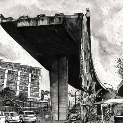 Black and white illustration, partially collapsed bridge, broken section over cars and buildings. Rain with cascading raindrops for dramatic atmosphere.