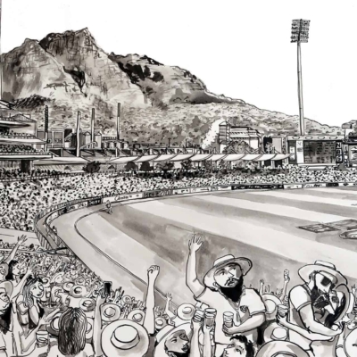 Wallpaper Scene: A lively cricket stadium teeming with a large, excited crowd cheering vibrantly. Surrounded by bustling stands packed with spectators, the Newlands Cricket Ground showcases its grandeur. A majestic mountainous landscape forms the serene backdrop under a clear, azure sky. On the field, players are actively engaged in the game while towering stadium lights stand tall. The vibrant colors include lush green turf, vivid crowd hues of red and blue apparel, beige mountains with green patches under an inviting blue sky scattered with white clouds.