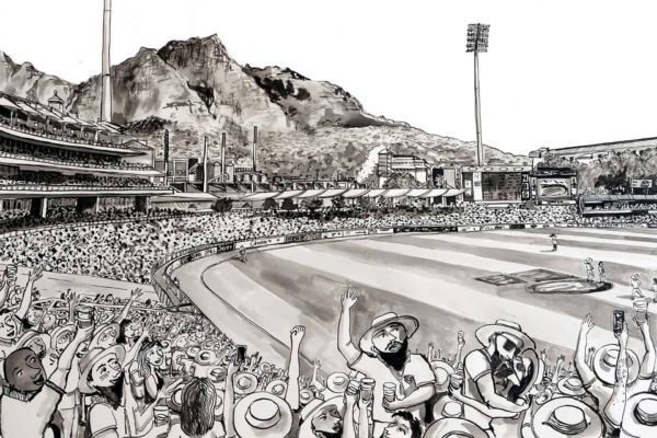 Wallpaper Scene: A lively cricket stadium teeming with a large, excited crowd cheering vibrantly. Surrounded by bustling stands packed with spectators, the Newlands Cricket Ground showcases its grandeur. A majestic mountainous landscape forms the serene backdrop under a clear, azure sky. On the field, players are actively engaged in the game while towering stadium lights stand tall. The vibrant colors include lush green turf, vivid crowd hues of red and blue apparel, beige mountains with green patches under an inviting blue sky scattered with white clouds.