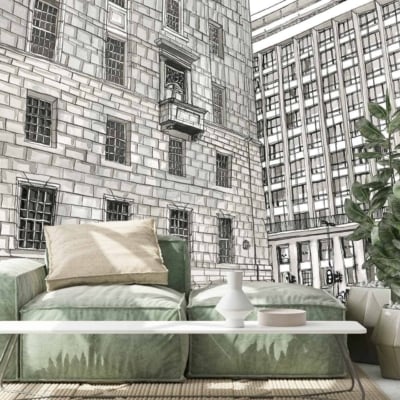 The wallpaper features large, detailed drawings of urban buildings from Queen Victoria Street, creating a cityscape impression. It includes intricate line work and architectural elements in shades of black, grey, and white. The overall theme is urban and historical with meticulous detail reflecting the street's iconic structures.