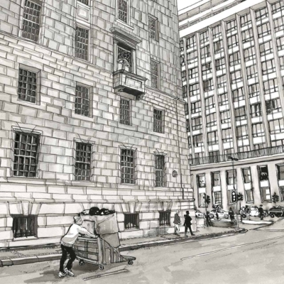 Wallpaper depicts an urban street scene featuring large, imposing buildings in black and white. Elements include a person pushing a cart on the sidewalk, pedestrians walking nearby, parked cars along Queen Victoria Street, and distant figures further down the road. Colors: black and white.