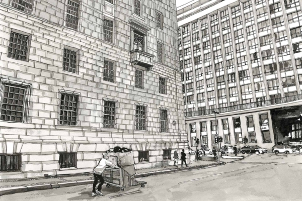 Wallpaper depicts an urban street scene featuring large, imposing buildings in black and white. Elements include a person pushing a cart on the sidewalk, pedestrians walking nearby, parked cars along Queen Victoria Street, and distant figures further down the road. Colors: black and white.