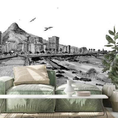 Wallpaper features: black and white mural of Sea Point's coastal cityscape, tall buildings, mountains, seagulls flying above the promenade.