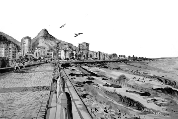 Title: Coastal Cityscape of Cape Town's Sea Point
Description:
- **Elements**:
- Tall buildings
- Sea Point beach
- Paved promenade with railings
- People walking
- Birds flying over the ocean
- Gentle waves lapping the shore
- Mountain in the background
- **Colors**:
- Black and white
Search Keywords: Coastal cityscape, Cape Town, Sea Point beach, promenade, railings, walking people, flying birds, waves on shore, mountain background.