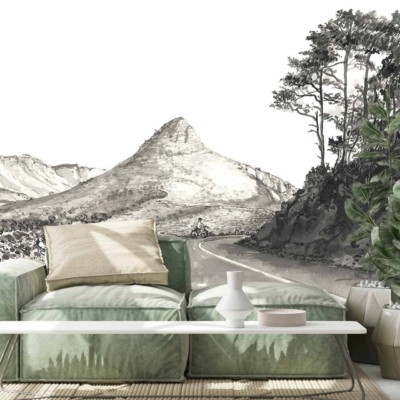 The wallpaper features a black and white mural of Signal Hill Road winding through a mountain landscape. Key elements include the road, mountains, and contrast between dark and light shades.