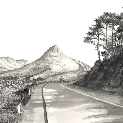 Wallpaper: Black-and-white illustration. Winding road, slightly wet. Flanked by trees and shrubs. Solitary Signal Hill in the distance. Bicyclist pedaling towards conical mountain.