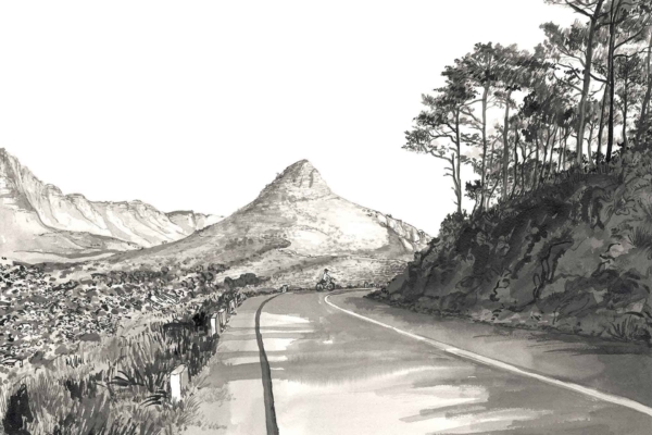 Wallpaper: Black-and-white illustration. Winding road, slightly wet. Flanked by trees and shrubs. Solitary Signal Hill in the distance. Bicyclist pedaling towards conical mountain.