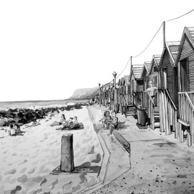 Grayscale illustration of a coastal scene: St James Cabanas lined up on the right, sandy beach with people on the left, distant cliff in background. Elements: Cabanas, path, beachgoers, ocean, cliff. Colors: grayscale tones.