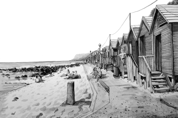 Grayscale illustration of a coastal scene: St James Cabanas lined up on the right, sandy beach with people on the left, distant cliff in background. Elements: Cabanas, path, beachgoers, ocean, cliff. Colors: grayscale tones.