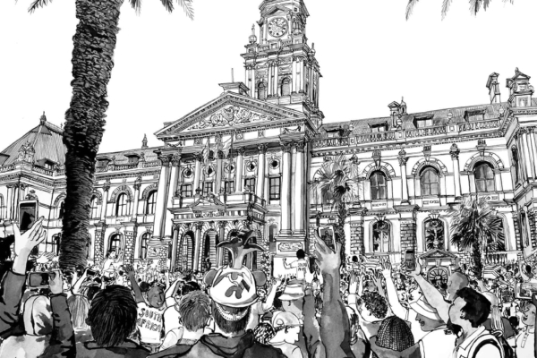 Create an intricate black and white illustration featuring a crowd in front of a grand historical building with a clock tower. In the foreground, people hold signs reading "Stronger Together" and phones to capture the moment. Palm trees add a touch of foliage to the scene.
