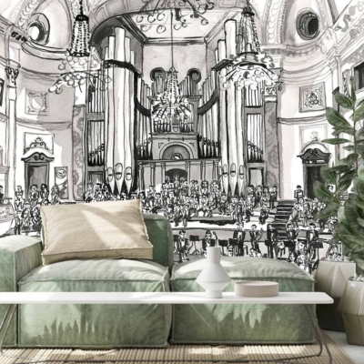 Elaborate black and white mural wallpaper featuring a grand concert hall with a large organ, an audience, and architectural details reminiscent of the Cape Philharmonic Orchestra in Cape Town.