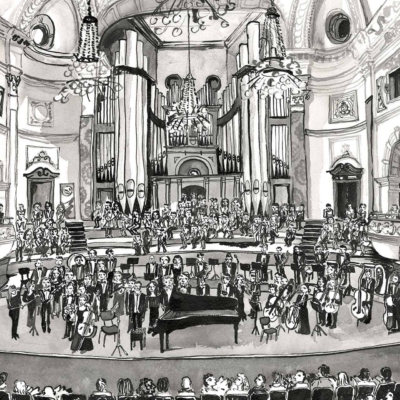 ```plaintext
Drawing: 
An intricate black and white concert hall scene focusing on the wallpaper elements. The wallpaper is adorned with ornate architectural details like flourishes, floral patterns, and repetitive motifs characteristic of classic concert halls. Chandeliers hang gracefully, while a grand pipe organ towers in the background.

Elements to highlight:
1. Ornate flourishes.
2. Floral patterns.
3. Repetitive motifs.

Colors (represented as shading):
1. Light gray for floral elements.
2. Medium gray for flourishes.
3. Darker shades for repetitive motifs and background details.
```

Feel free to search these highlighted keywords to find specific parts of the wallpaper in the detailed drawing description above!
