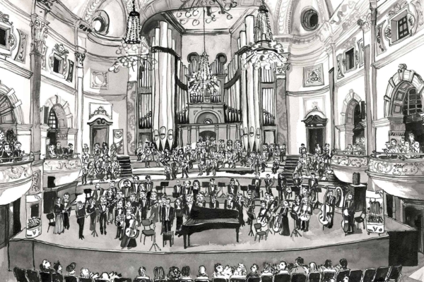 ```plaintext
Drawing: 
An intricate black and white concert hall scene focusing on the wallpaper elements. The wallpaper is adorned with ornate architectural details like flourishes, floral patterns, and repetitive motifs characteristic of classic concert halls. Chandeliers hang gracefully, while a grand pipe organ towers in the background.

Elements to highlight:
1. Ornate flourishes.
2. Floral patterns.
3. Repetitive motifs.

Colors (represented as shading):
1. Light gray for floral elements.
2. Medium gray for flourishes.
3. Darker shades for repetitive motifs and background details.
```

Feel free to search these highlighted keywords to find specific parts of the wallpaper in the detailed drawing description above!
