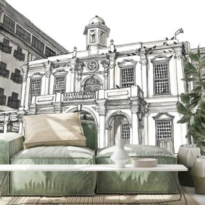 A detailed black-and-white sketch of historic Old Town houses, providing an artistic urban backdrop. The wallpaper features intricate architectural elements and monochromatic tones.