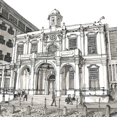 **Black-and-white sketch description:**

- **Wallpaper Elements:**
  - **Historic Old Town House**
    - Arches
    - Columns
    - Classical architecture
      - Large windows
      - Ornate details
  - **Surroundings**
    - Modern high-rise buildings
  - **Street scene**
    - People walking in front of the building
    - Parked cars lining the street

- **Colors in Wallpaper: Black-and-white**

This succinct description emphasizes specific elements and characteristics for easy identification.