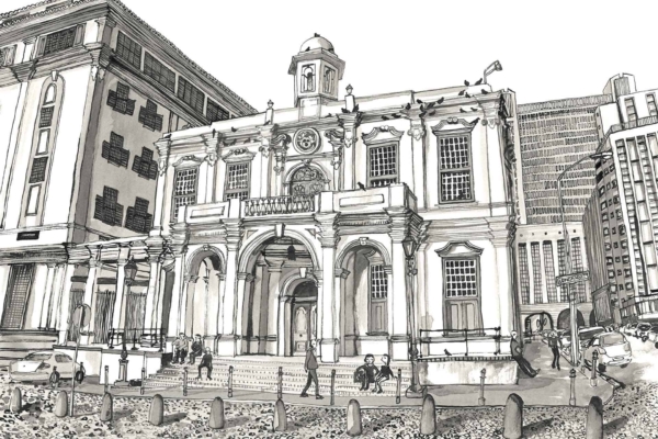 **Black-and-white sketch description:**
- **Wallpaper Elements:**
- **Historic Old Town House**
- Arches
- Columns
- Classical architecture
- Large windows
- Ornate details
- **Surroundings**
- Modern high-rise buildings
- **Street scene**
- People walking in front of the building
- Parked cars lining the street
- **Colors in Wallpaper: Black-and-white**
This succinct description emphasizes specific elements and characteristics for easy identification.