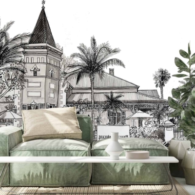 The wallpaper features a detailed sketch of a building and palm trees, blending architectural elements with natural scenery. The color palette includes monochromatic lines in shades of gray and black against a muted cream background.