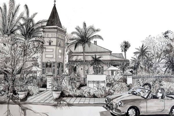 Sure! 

Sketch Description: 
- Robertson Small Hotel stands tall and grand.
- Surrounded by tall palm trees, lush gardens, and a fence.
- Classic convertible car with two people cruising by on a lined street.

Wallpaper Elements:
- Prominent buildings
- Towering palm trees
- Lush gardens
- Classic car in motion