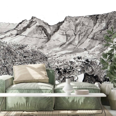 The wallpaper features a black-and-white mural illustrating the Lions Head mountain landscape. It showcases intricate, monochromatic details of the mountain’s contours and surroundings, providing a dramatic yet elegant backdrop in grayscale tones. The emphasis is on bold contrasts between the deep blacks and crisp whites, creating a striking visual depth that captures natural beauty.