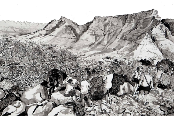 A black and white illustration of hikers at a mountainous viewpoint overlooks a sprawling valley with rocky peaks and the city below. Some hikers are seated, while others stand, taking in the vast landscape. Among them is Lions Head, majestically rising above the scene.
Elements: Hikers (seated and standing), mountainous viewpoint, sprawling valley, rocky peaks, cityscape, Lions Head mountain.
Colors: Black and white.