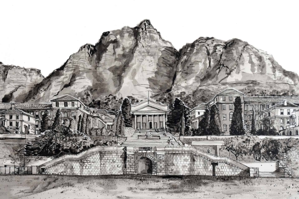**Wallpaper Drawing Description:**

A black and white drawing depicting a grand, classical-style building with columns, inspired by the University of Cape Town's UCT architecture. The building is set against a dramatic mountainous backdrop. Surrounding elements include lush trees and stone steps. The focus is on the central structure and picturesque landscape.

**Highlight Elements for Search:**
- Black and white
- Classical-style building
- Columns
- University of Cape Town (UCT)
- Mountainous backdrop
- Lush trees
- Stone steps