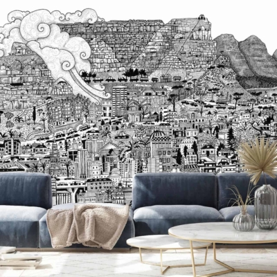 The black-and-white mural wallpaper features a detailed cityscape reminiscent of Cape Town. Key elements include buildings, trees, and mountains in the background. The entire mural is monochromatic, emphasizing intricate urban and natural details without any color distractions.