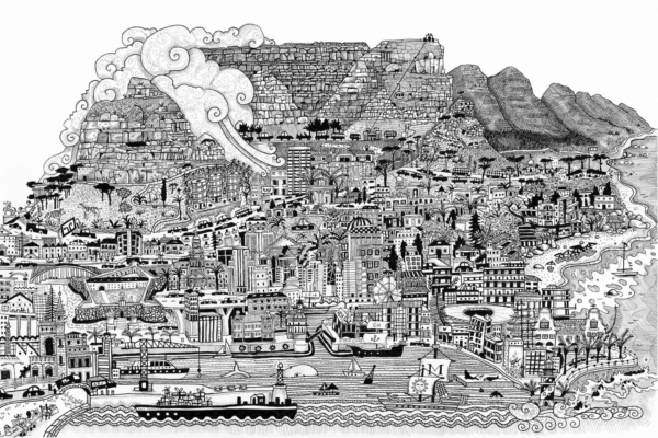 The detailed black and white illustrated cityscape of Cape Town wallpaper showcases bustling urban architecture, lively streets lined with buildings, and a prominent hillside in the background. The seascape section includes boats and waves along the shoreline. This intricate design incorporates whimsical patterns that emphasize Cape Town's tourism attractions. Elements to highlight for search functions include:

- Black and white illustration
- Urban architecture
- Bustling streets
- Buildings
- Prominent hillside
- Seascape with boats and waves
- Intricate patterns
- Whimsical elements 
- Tourism attractions