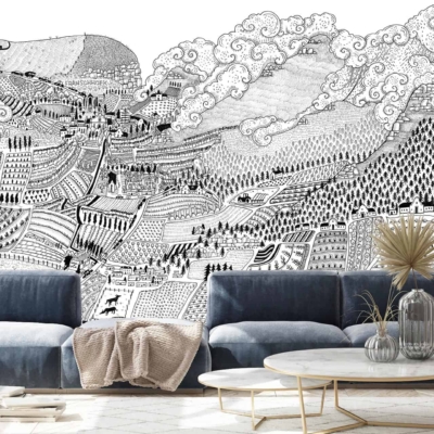 A detailed monochromatic mural of the Cape Winelands' hilly landscape features mountains, forests, fields, and villages. The intricate artwork combines whimsical elements with textured details in shades of black, white, and gray.