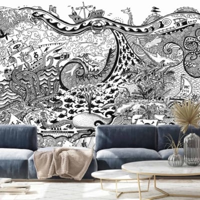 The black and white mural showcases intricate doodles of sea creatures, plants, and abstract patterns. It features detailed illustrations of fish, octopuses, coral reefs, seaweed, waves, and bubbles. The monochromatic palette enhances the complexity and depth of the designs. Key elements include swirling lines for water currents and geometric shapes interwoven with organic forms. The overall effect is dynamic yet cohesive, making it a captivating backdrop for any space.