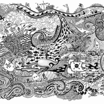 The wallpaper showcases an intricate black and white illustration of interconnected nautical and nature elements. It features a detailed pirate ship, sea creatures like fish and octopi, a towering lighthouse, swirling waves, and whimsical designs. The scene is rich with patterns that evoke themes of friendship and social connections through its imaginative imagery. The dominant colors in this complex yet harmonious design are black and white.