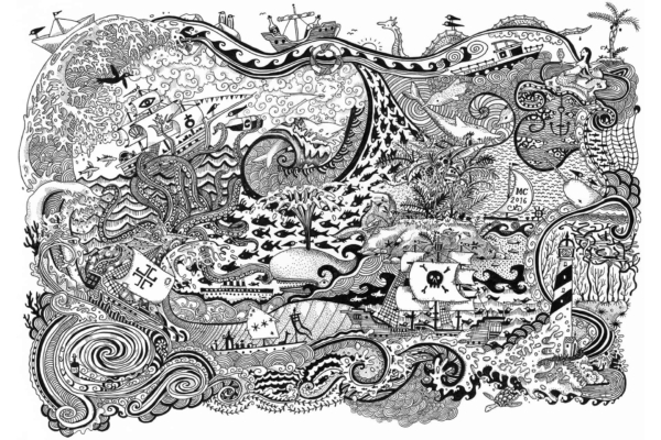 The wallpaper showcases an intricate black and white illustration of interconnected nautical and nature elements. It features a detailed pirate ship, sea creatures like fish and octopi, a towering lighthouse, swirling waves, and whimsical designs. The scene is rich with patterns that evoke themes of friendship and social connections through its imaginative imagery. The dominant colors in this complex yet harmonious design are black and white.