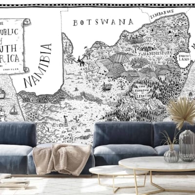 The wallpaper features a large, detailed map of South Africa in black and white, displaying borders, cities, and illustrations of ships and wildlife.