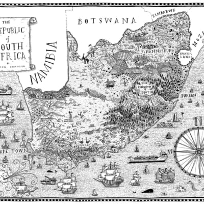 The intricately drawn black-and-white illustrated map of South Africa and its neighboring countries, including Namibia, Botswana, Zimbabwe, Mozambique, and Swaziland. Prominent landmarks and cities such as Cape Town, Johannesburg, Durban are detailed. Various ships are featured in the surrounding oceans. The wallpaper emphasizes a monochrome palette with detailed line work highlighting geographical features and urban areas.