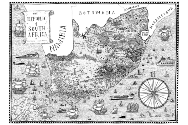 The intricately drawn black-and-white illustrated map of South Africa and its neighboring countries, including Namibia, Botswana, Zimbabwe, Mozambique, and Swaziland. Prominent landmarks and cities such as Cape Town, Johannesburg, Durban are detailed. Various ships are featured in the surrounding oceans. The wallpaper emphasizes a monochrome palette with detailed line work highlighting geographical features and urban areas.