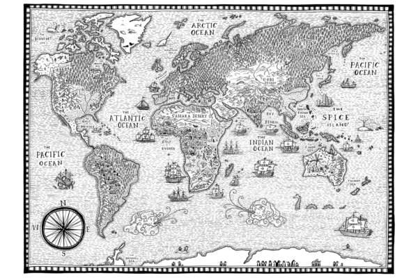 A hand-drawn black and white world map wallpaper features various countries, continents, and oceans. The vintage style is enhanced by decorative elements like sailing ships, sea monsters, and a compass rose. Intricate details include mountains, forests, and icons for landmarks. The monochrome design emphasizes shades of black, white, grey with detailed outlines for an old-world charm feel.