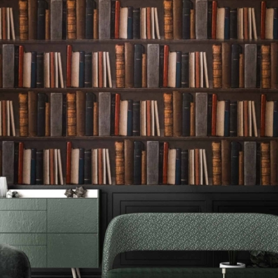 The wallpaper in the cozy reading nook features an intricate pattern of deep emerald green vines intertwined with golden floral motifs, set against a soft cream background.