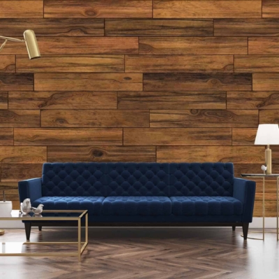 Wooden plank wall, natural wood texture, rich brown hues, rustic charm.