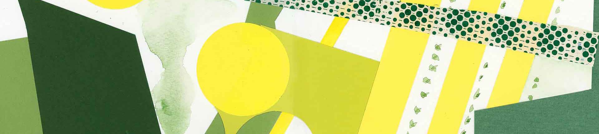 Abstract wallpaper featuring a collage of green, yellow, and white shapes and patterns. Composition includes circles, triangles, and rectangular strips. Some elements are adorned with polka dots and leaf prints, creating a dynamic visual arrangement. Find circles, triangles amidst vibrant shades of green and yellow accented with whites for an energetic aesthetic.