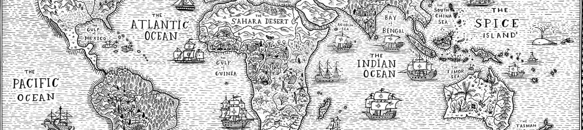 Hand-drawn vintage-style world map wallpaper featuring notable labeled regions such as "The Atlantic Ocean," "Pacific Ocean," "Indian Ocean," "Sahara Desert," and "Spice Islands." The design includes detailed ships, sea creatures, and landforms. Earthy tones of parchment beige, deep ocean blue, muted greens, and rich browns create an antique and intricate aesthetic. The map is richly textured with ornate detailing throughout.