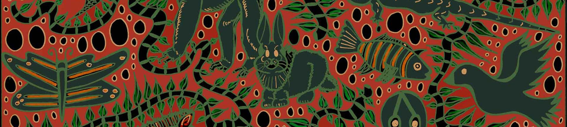 An intricate wallpaper illustration features various animals including a bird, fish, rabbit, and lizards interwoven among stylized plants and leaves. The backdrop is rich red with contrasting black holes. Earthy tones and green shades dominate the design, giving it a natural and lush appearance. Key elements: bird, fish, rabbit, lizards, stylized plants, leaves, red background with black holes, earthy tones, green shades.