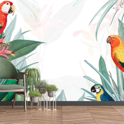 Vibrant wall mural showcasing a parade of colorful parrots among lush, tropical foliage. Parrots in brilliant hues of red, blue, yellow, and green. Dense greenery with various shades of green leaves, exotic flowers in reds and pinks. Lush botanical elements creating a lively jungle scene full of vivid colors and dynamic patterns.