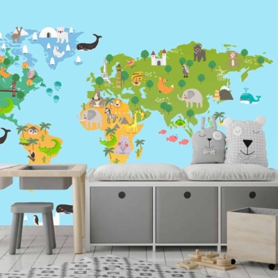 The wallpaper is a vibrant world map mural depicting various animals and landmarks from different continents. It features bright colors such as blues for oceans, greens for forests, yellows for deserts, and white for snowy regions. Animals like elephants, lions, kangaroos, penguins, and more are scattered across their native habitats alongside iconic landmarks such as the Eiffel Tower and Great Wall of China.