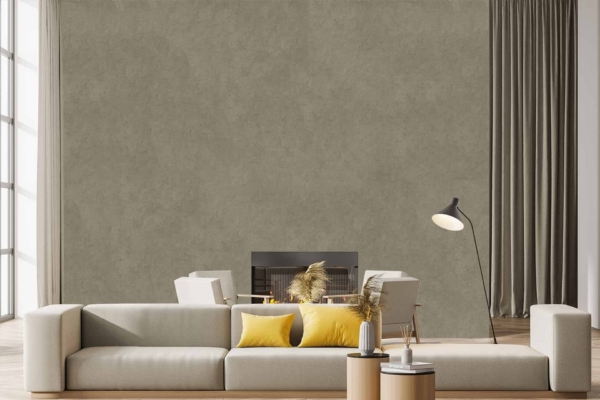 The wallpaper features a minimalist concrete-textured design, offering a subtle, raw aesthetic. Look for elements and colors like light gray hues and faint textured patterns that mimic the look of industrial concrete.