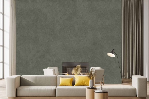 The wallpaper features a textured gray design, blending seamlessly with the minimalist aesthetic. This backdrop adds depth and subtle sophistication to the room, complementing light gray and white tones while enhancing yellow accents.