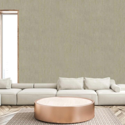 Textured beige wallpaper with subtle patterns. This wall covering features a mix of soft, neutral hues that complement wooden accents and furniture in modern living rooms. Its tactile design adds depth and warmth to the space, enhancing natural light from large windows.