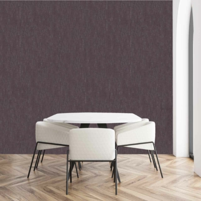 Dark textured wallpaper features intricate patterns with shades of deep charcoal and subtle metallic accents. It incorporates hints of soft gray and occasional flecks of silver, adding a dynamic yet refined touch to the modern dining area. The textured design brings depth and contrast against the light wood flooring and white furniture.