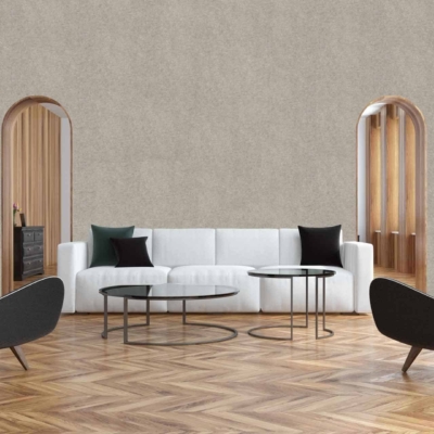 The wallpaper features a neutral-toned background with subtle wooden accents. The elements include minimalist patterns that incorporate soft beige, light gray, and hints of white.