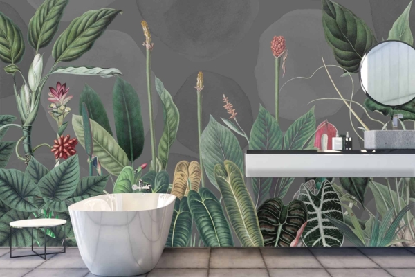 The wallpaper in the modern bathroom is a botanical mural featuring large green leaves and colorful flowers. The mural showcases vibrant hues, including various shades of green for the foliage and an array of colors for the flowers, such as red, yellow, blue, and pink. The detailed illustration brings a lush, tropical feel to the space.