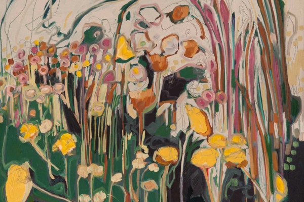 Abstract floral wallpaper with long-stemmed flowers, leaves, and buds in vibrant shades of yellow, pink, orange, and green. Background features dynamic, swirling strokes and patterns for an impressionistic garden scene.